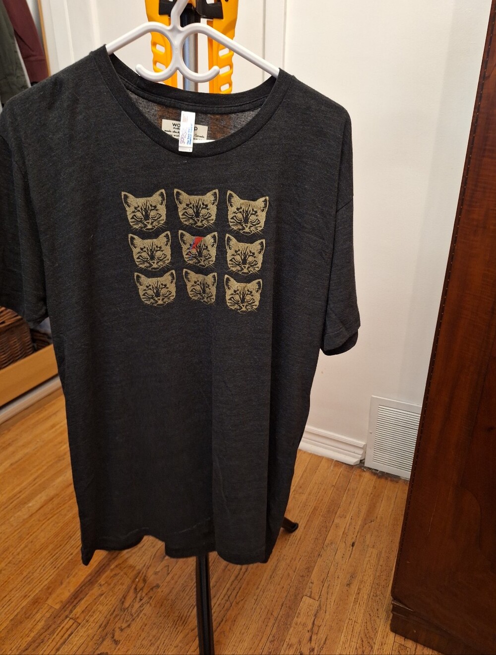 American Apparel Charcoal T-Shirt with Gold Cat Faces and Small Red Accent